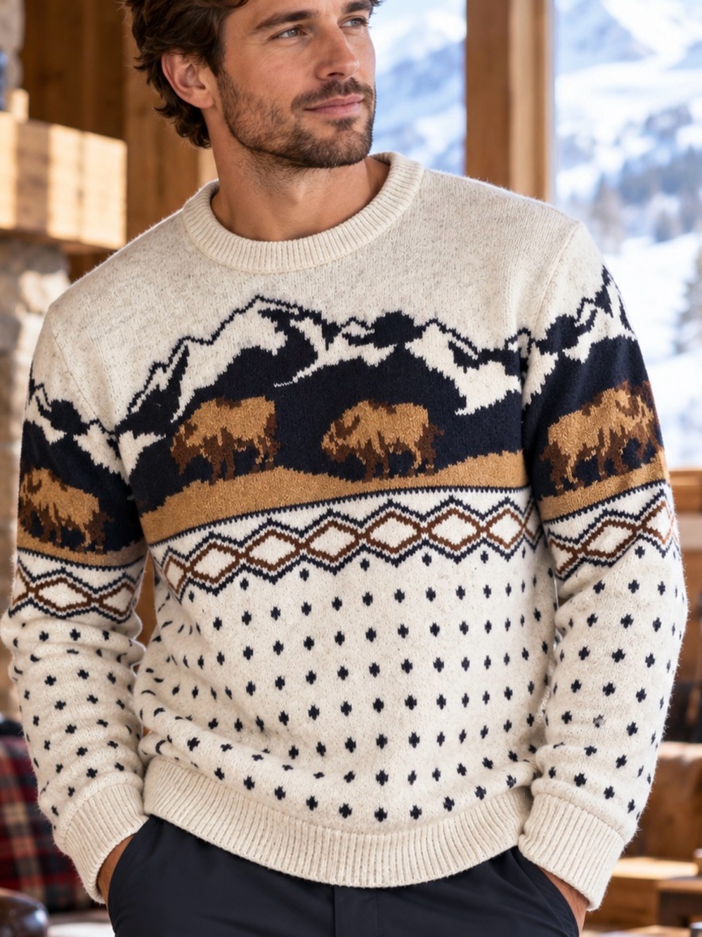 Old Navy Cotton Blend Cream Crewneck Sweater with Navy and Brown Bison Motif
